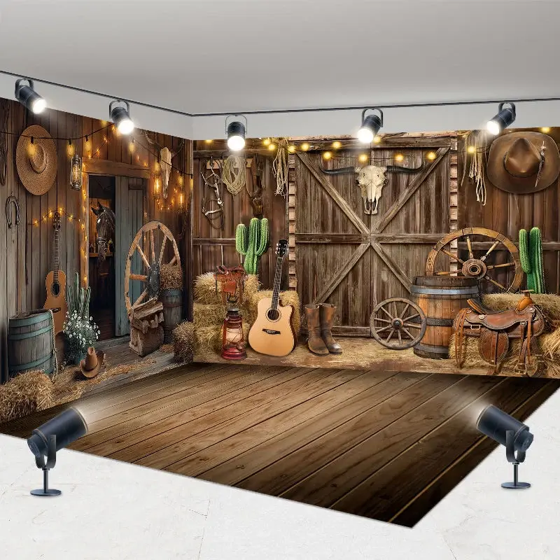 Aperturee Lighted Brown Western Cowboy Barn Room Set Backdrop, 7 x 7 ft / 10 x 7 ft / 10 x 7 ft, 247.5 USD, room set backdrops