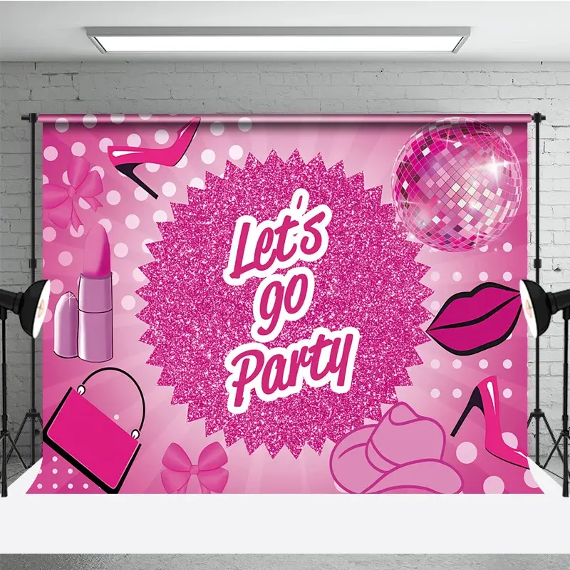 Aperturee Pink Disco Ball Dance Party Backdrop Lets Go Party Glitter High Heels and Lipstick Background, Professional Fashion Photo Prop