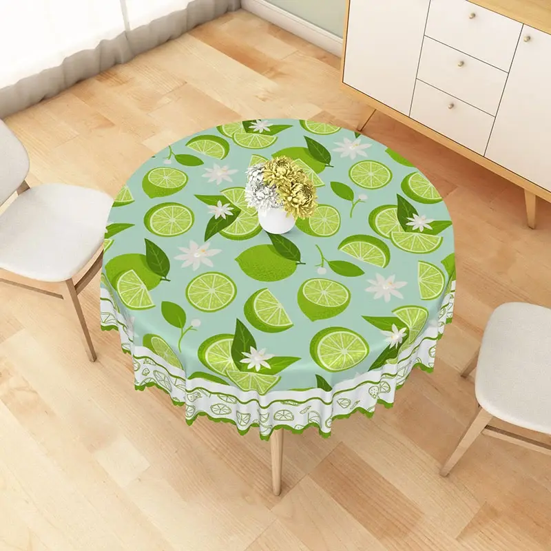 Aperturee Fresh Lime and White Floral Round Tablecloth, Green Citrus Fruit Summer Party Studio Decor