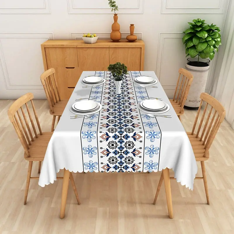Aperturee Folk Art Floral Rectangle Tablecloth, Blue and Brown Table Cover Prop