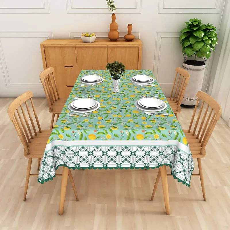 Aperturee Orange Citrus Rectangle Tablecloth, Teal Botanical Leaf Table Cover Art