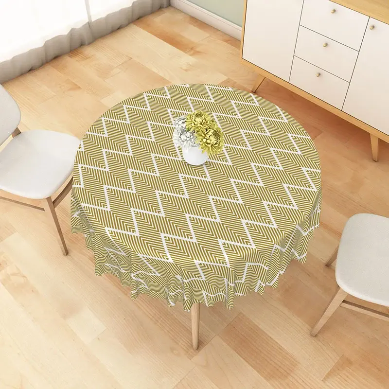 Aperturee Mustard Yellow Geometric Chevron Round Tablecloth Modern Zigzag Line Table Cover for Interior Photography