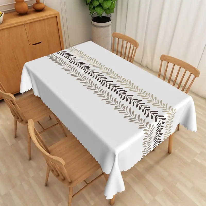 Aperturee Botanical Stripe Rectangle Tablecloth with White, Brown, and Green Leaves, for Modern Farmhouse Decor, 52x70in (WxH)