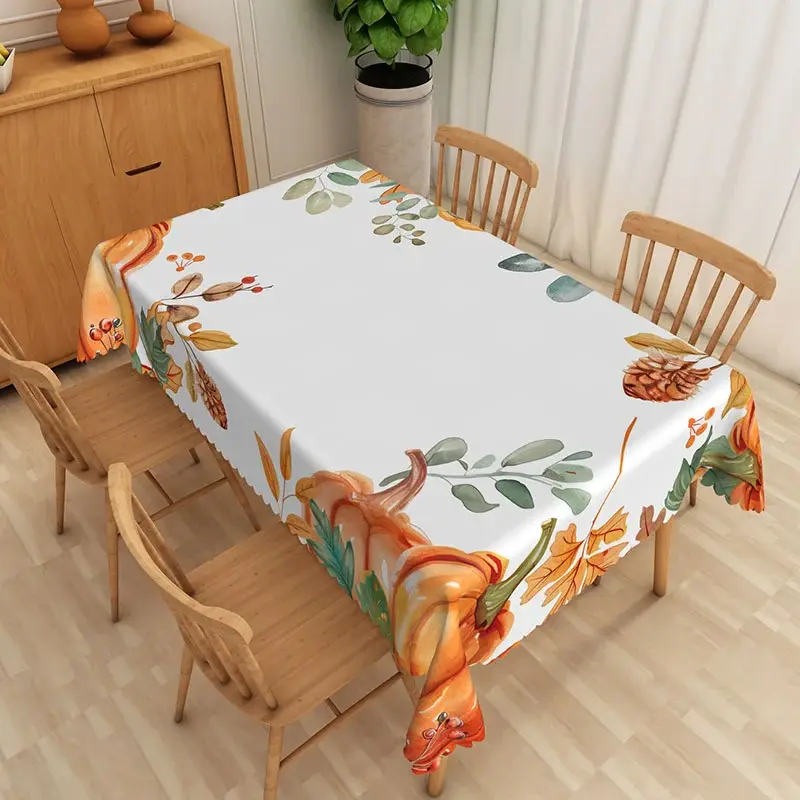 Aperturee Autumn Harvest Tablecloth with Pumpkins and Maple Leaves, for Rustic Thanksgiving and Fall Seasonal Decor, 52x70in (WxH)