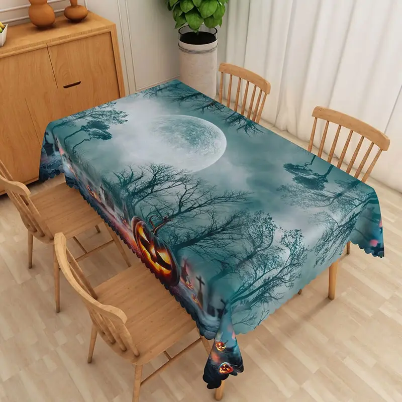 Aperturee Cyan Halloween Rectangle Tablecloth with Moon, Tree, and Jack O' Lanterns, for Spooky Night Scene Decor, 52x70in (WxH)