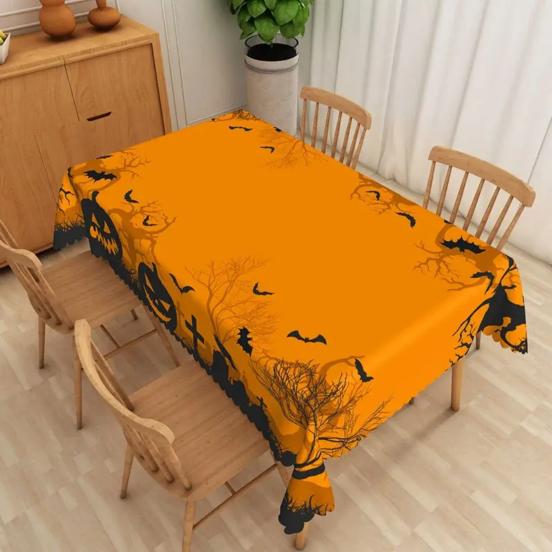 Aperturee Orange and Black Halloween Rectangle Tablecloth with Bats and Withered Trees, for Spooky Forest Decor, 52x70in (WxH)