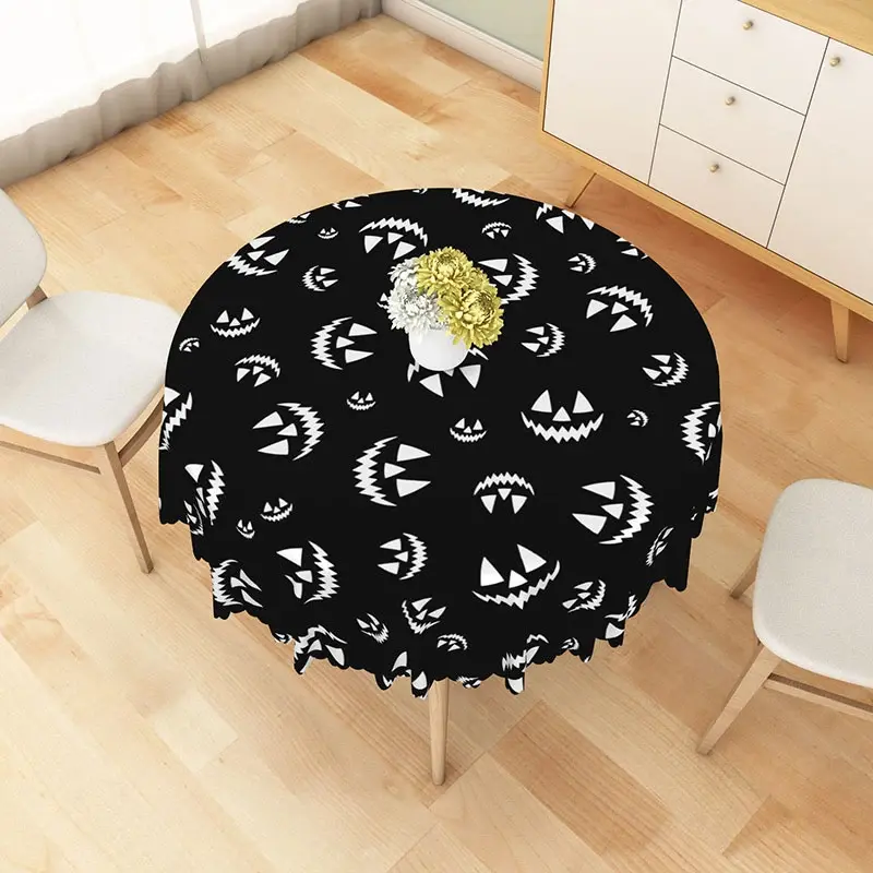 Aperturee Black Halloween Round Tablecloth with Jack-o'-Lantern Print, for Spooky and Modern Party Decor, Diameter 48inch