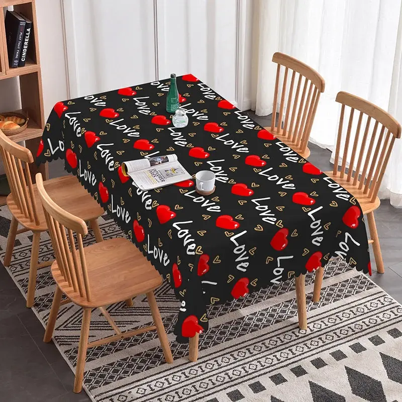 Aperturee Black Cursive Love Text Rectangle Tablecloth, Red Heart Pattern, Romantic Valentine Date Night Home Decor, Typography Photo Background