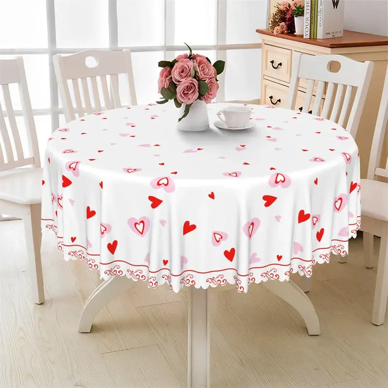 Aperturee White Red Heart Pattern Round Tablecloth, Clean Minimalist Studio Prop