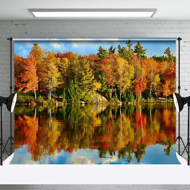 Aperturee Autumn Forest By The Lake Natural Scenery Backdrop, 3X2FT(1MX0.6M), 14 USD, autumn backdrops, ZYHD9K96-M