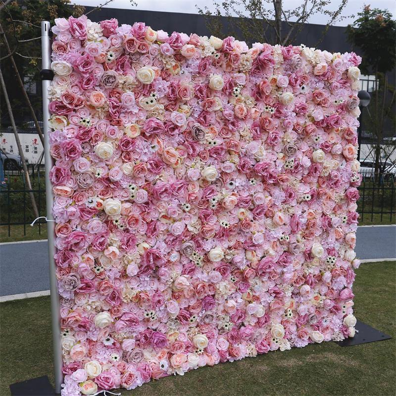 Aperturee Pink Rose Wedding Decoration Faux Flower Wall Panels, 4 x 8 ft (1.2 x 2.4 m), 681 USD, artificial flower wall, S0D4834-S
