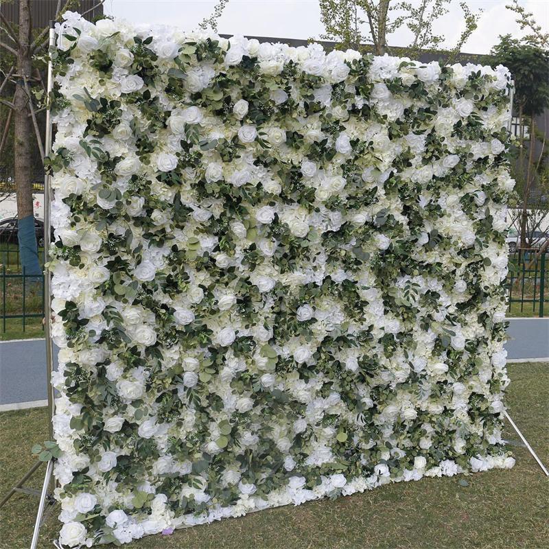 Aperturee 3D Green Leaves White Flowel Wall Decor For Garden, 4 x 8 ft (1.2 x 2.4 m), 746 USD, artificial flower wall, S0D4859-S