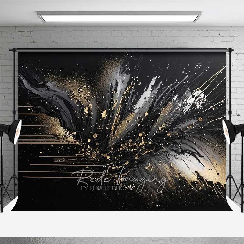 Aperturee Abstract Black Gold Splatter Fine Art Backdrop, Thick Paint Strokes Studio Portrait Photography Background, Studio Props