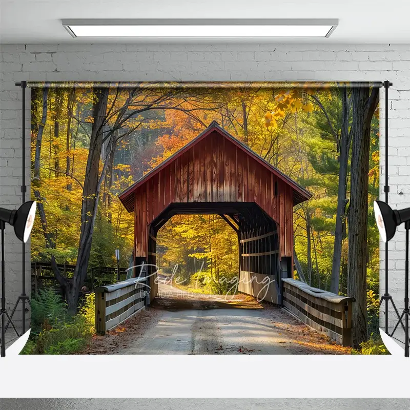 Aperturee Autumn Forest Covered Bridge Backdrop, Fall Nature Scenery Maple Leaves Photography Background for Portraits