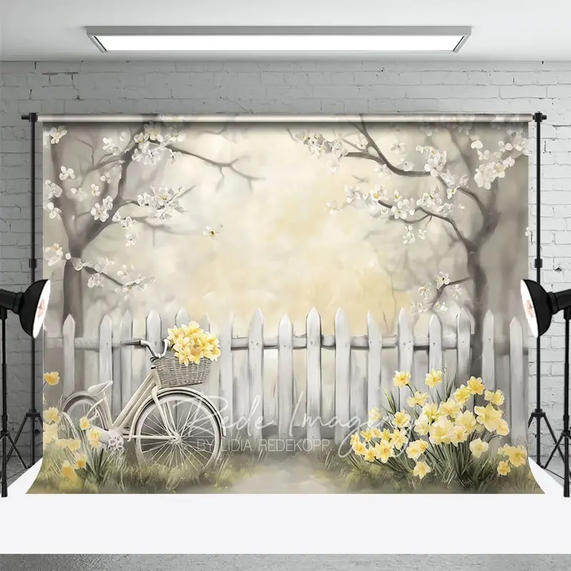 Aperturee Spring Floral Bicycle Backdrop White Fence and Yellow Flowers Photography Background