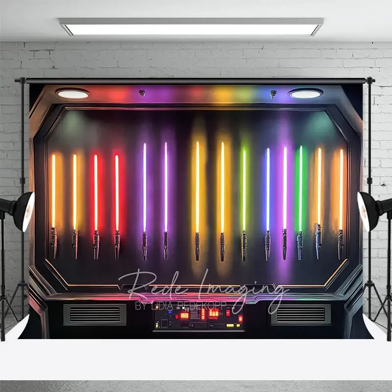 Aperturee Sci-fi Lightsaber Collection Backdrop, Neon Rainbow Laser Sword Galaxay Space Theme, High-Tech Cinematic Prop