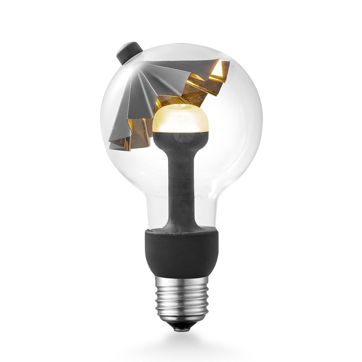 Design LED Lichtbron Move Me - Zwart/Goud - G80 Umbrella LED lamp - 8/8/13.7cm - Met verstelbare diffuser via magneet - geschikt voor E27 fitting - 3W 220lm 2700K - warm wit licht