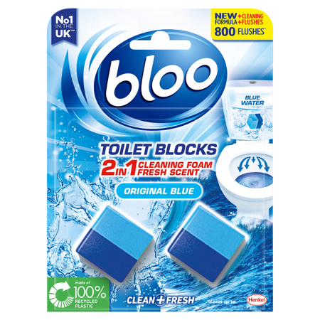 Blooo 2 In 1 Cleaning Foam Fresh Scent Original Blue Toilet Block Cube - 2 x 50g
