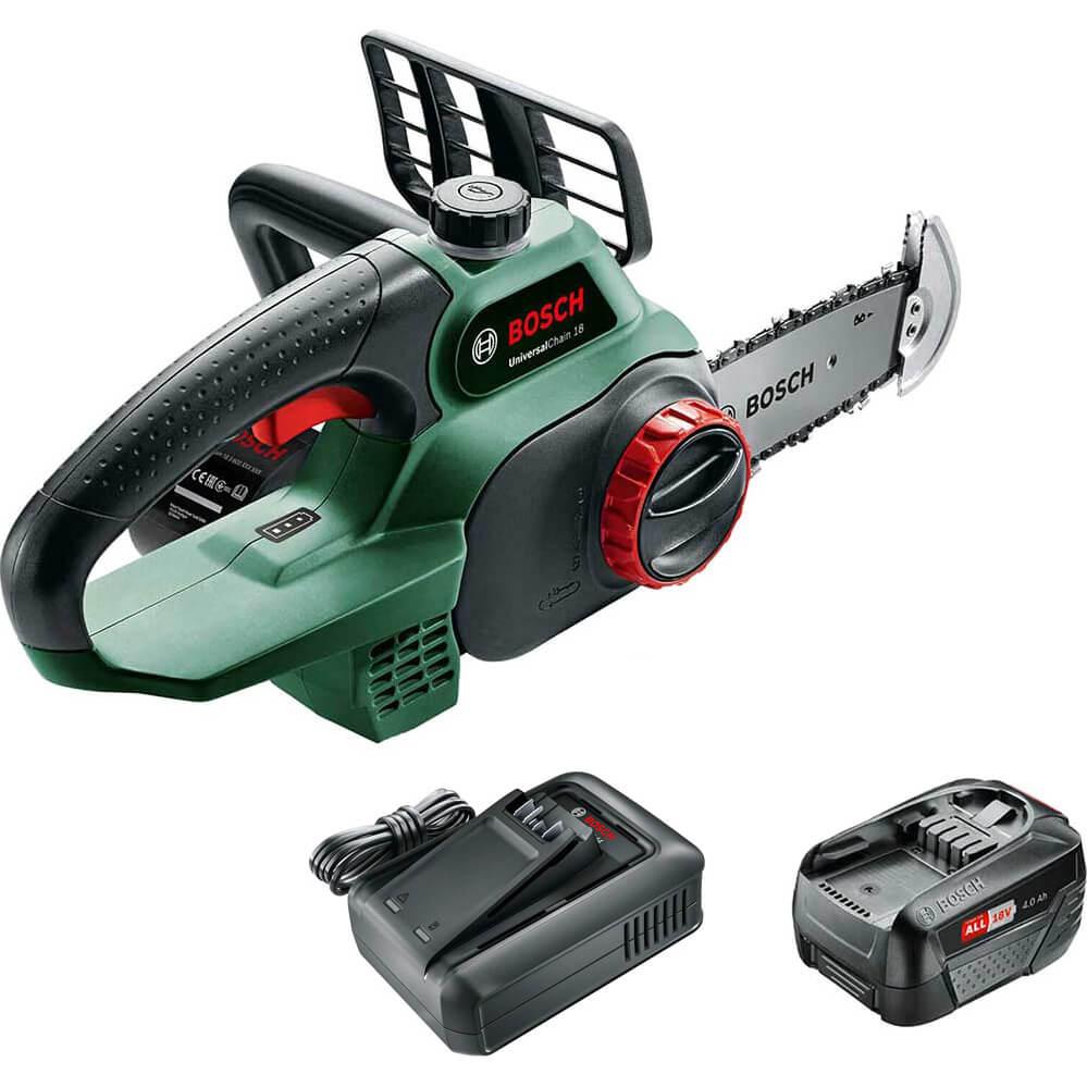 Bosch UNIVERSALCHAIN P4A 18v Cordless Chainsaw 200mm 1 x 4ah Li-ion Battery Charger