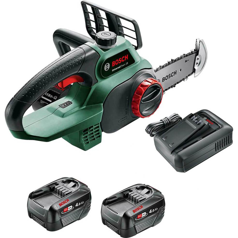 Bosch UNIVERSALCHAIN P4A 18v Cordless Chainsaw 200mm 2 x 4ah Li-ion Battery Charger