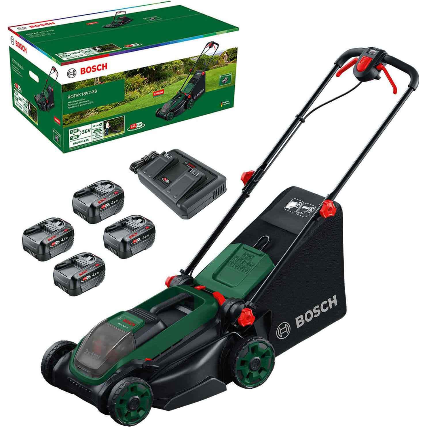Bosch ROTAK 18V2-38 P4A 36v Cordless Brushless Rotary Lawnmower 380mm 4 x 4ah Li-ion Twin Battery Charger