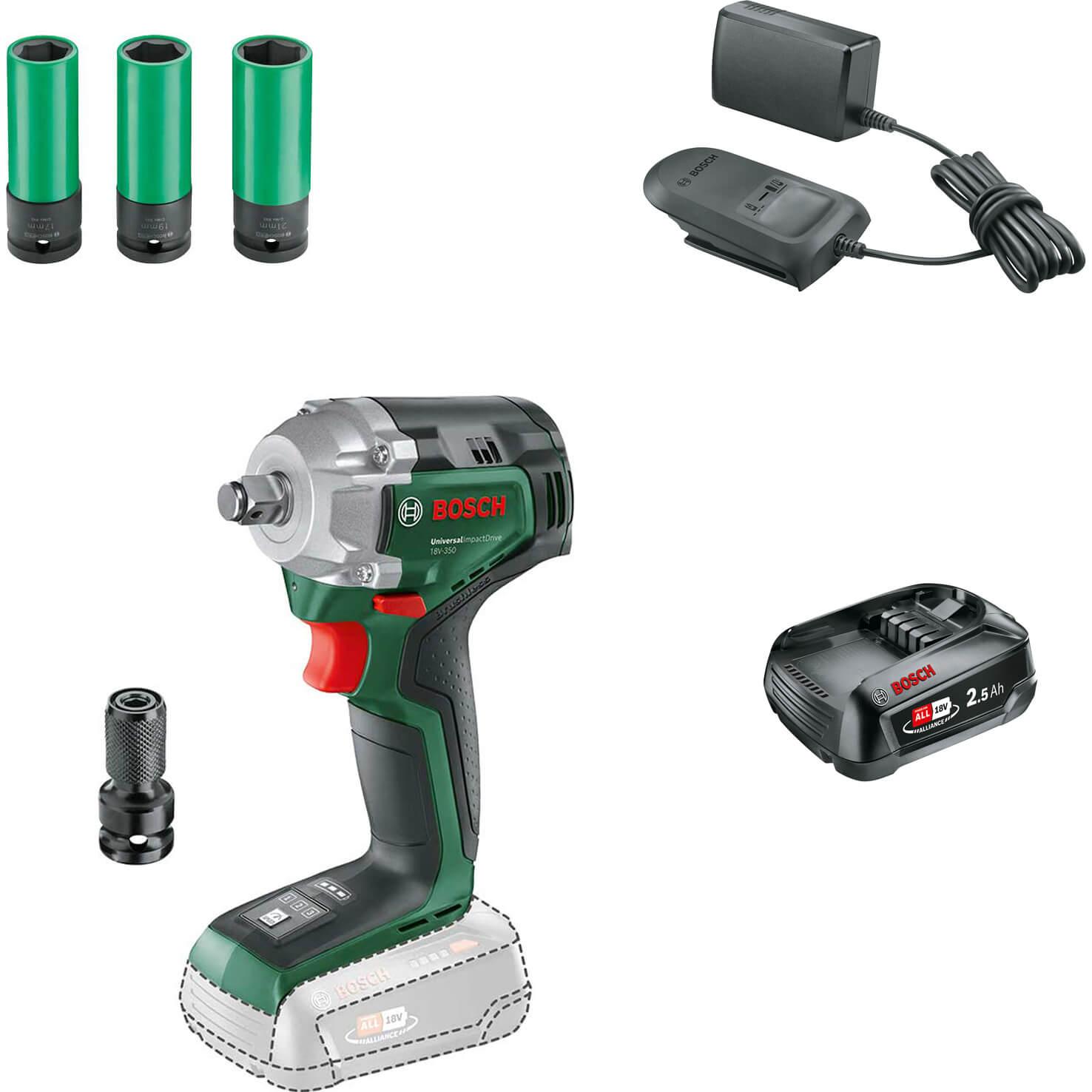 Bosch UNIVERSALIMPACTDRIVE 18V-350 P4A 18v Cordless Impact Wrench 1 x 2.5ah Li-ion Charger No Case with Accessories