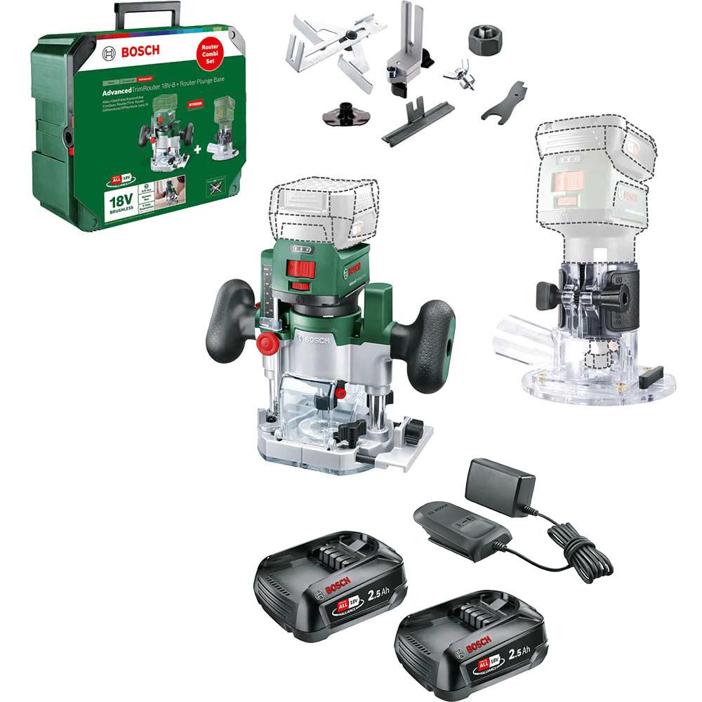 Bosch ADVANCEDTRIMROUTER 18V-8 P4A 18v Cordless Trim Router with Plunge Attachment 2 x 2.5ah Li-ion Battery Charger Case