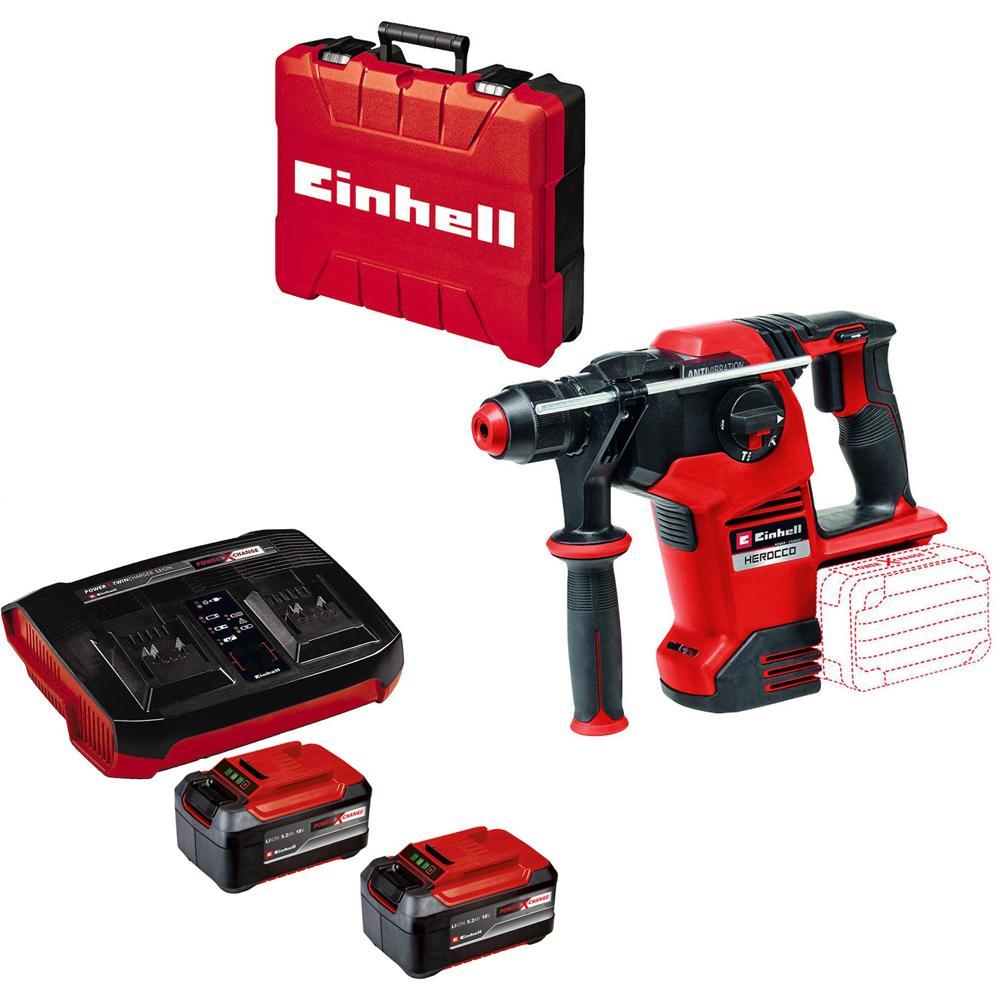 Einhell Professional HEROCCO 36/28 36v Cordless Brushless SDS Plus 4 in 1 Rotary Hammer Drill 2 x 5.2ah Plus Li-ion Twin or Dual Battery Charger Case