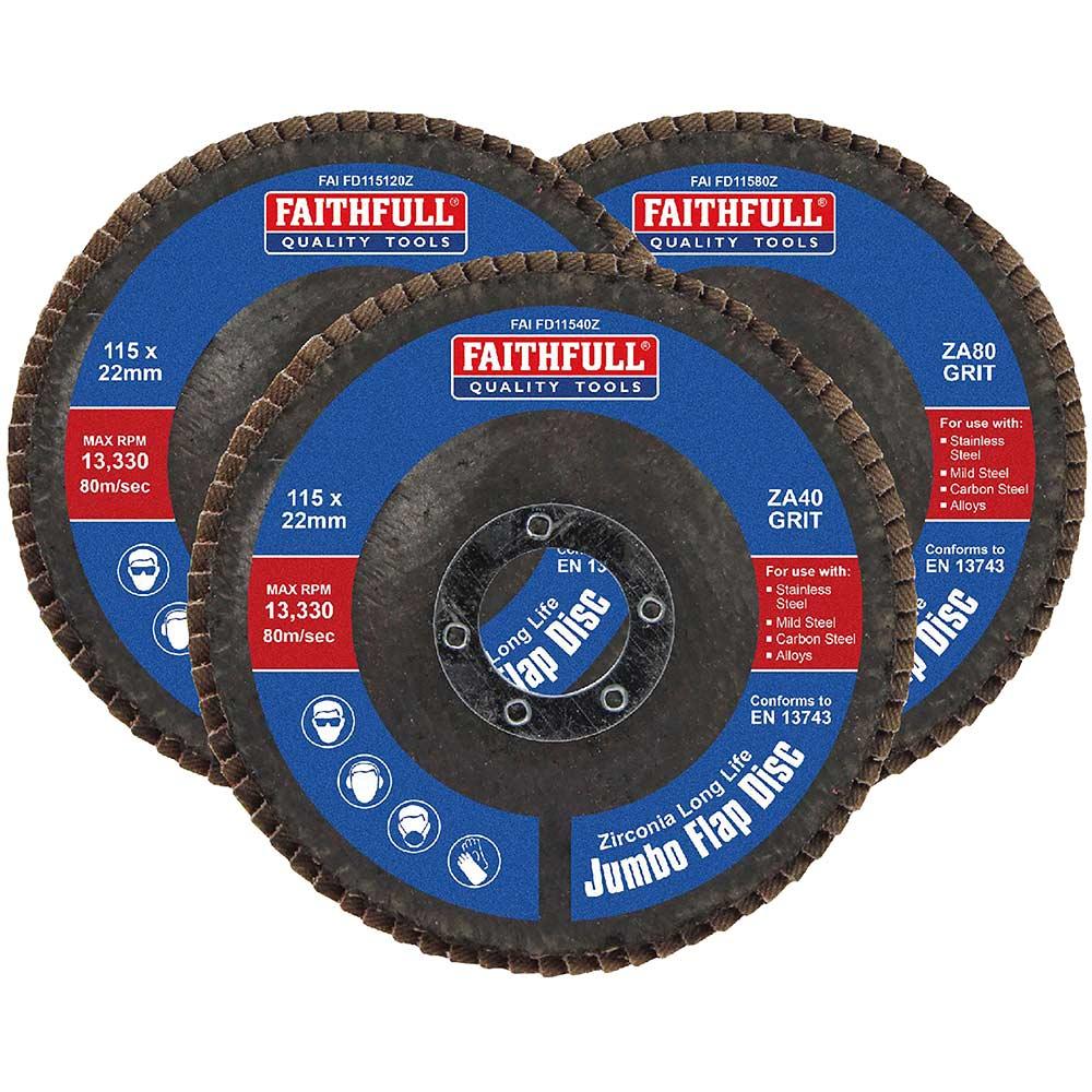 Faithfull Zirconia Abrasive Jumbo Flap Disc 115mm Assorted Pack of 3