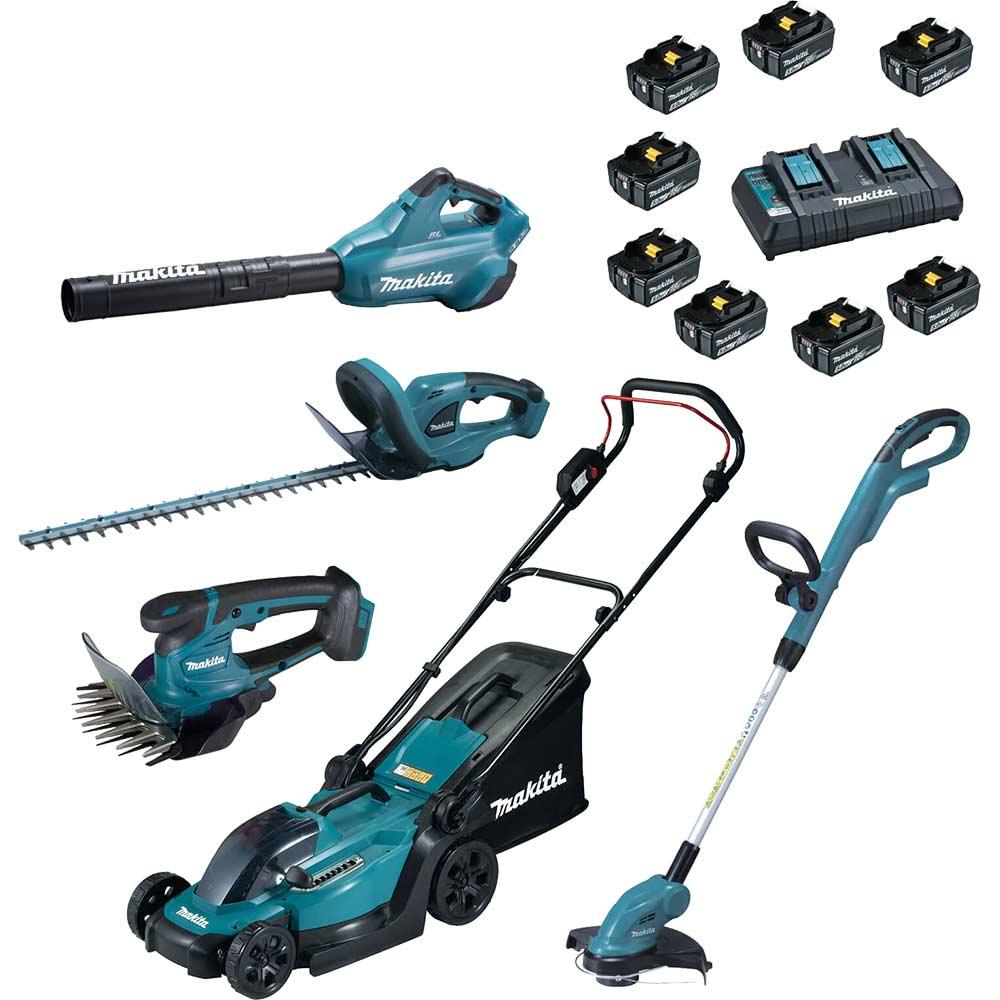 Makita 5 Piece 18v LXT Cordless Complete Garden Tool Kit 8 x 5ah Li-ion Twin or Dual Battery Charger
