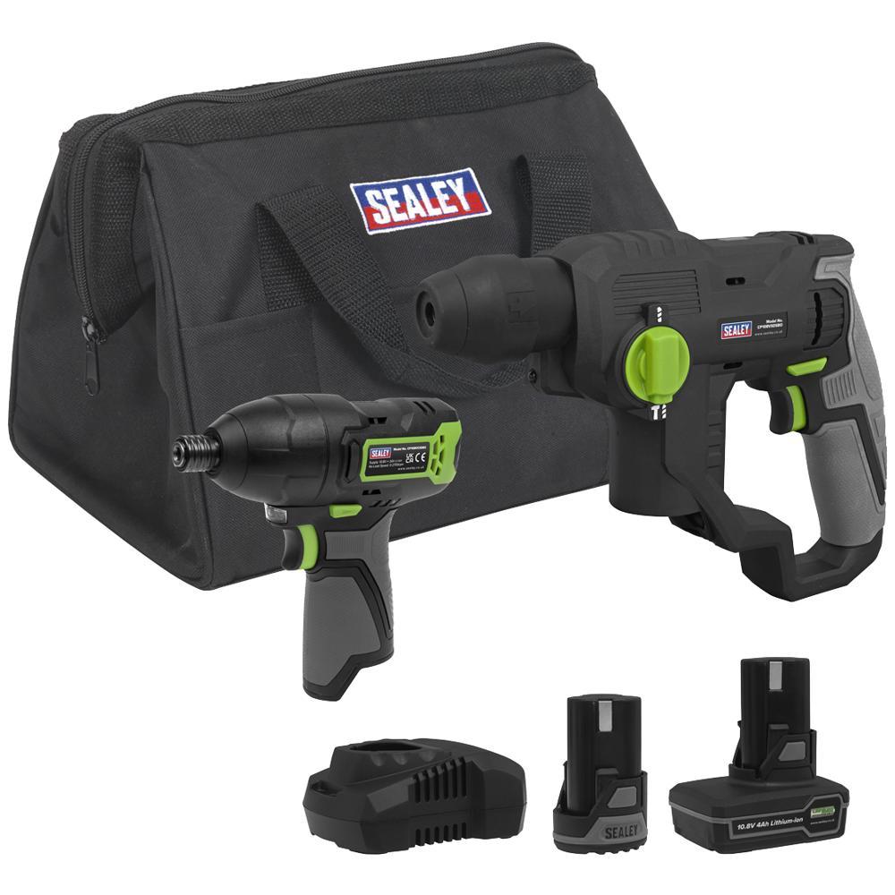 Sealey 10.8v Cordless SDS Drill and Impact Driver Kit 1 x 2ah & 1 x 4ah Li-ion Battery Charger Bag