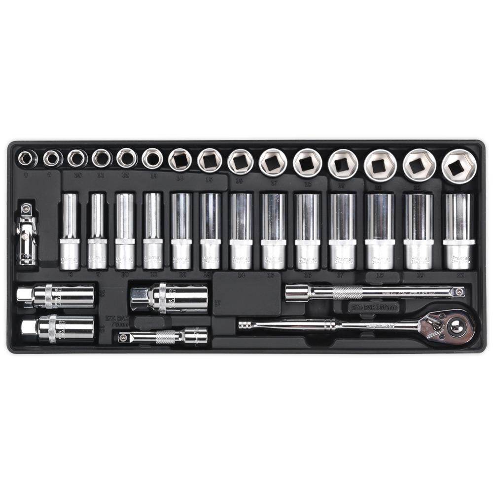 Sealey 35 Piece 3/8" Drive Slim Ratchet Socket Set Metric in Module Tray 3/8"